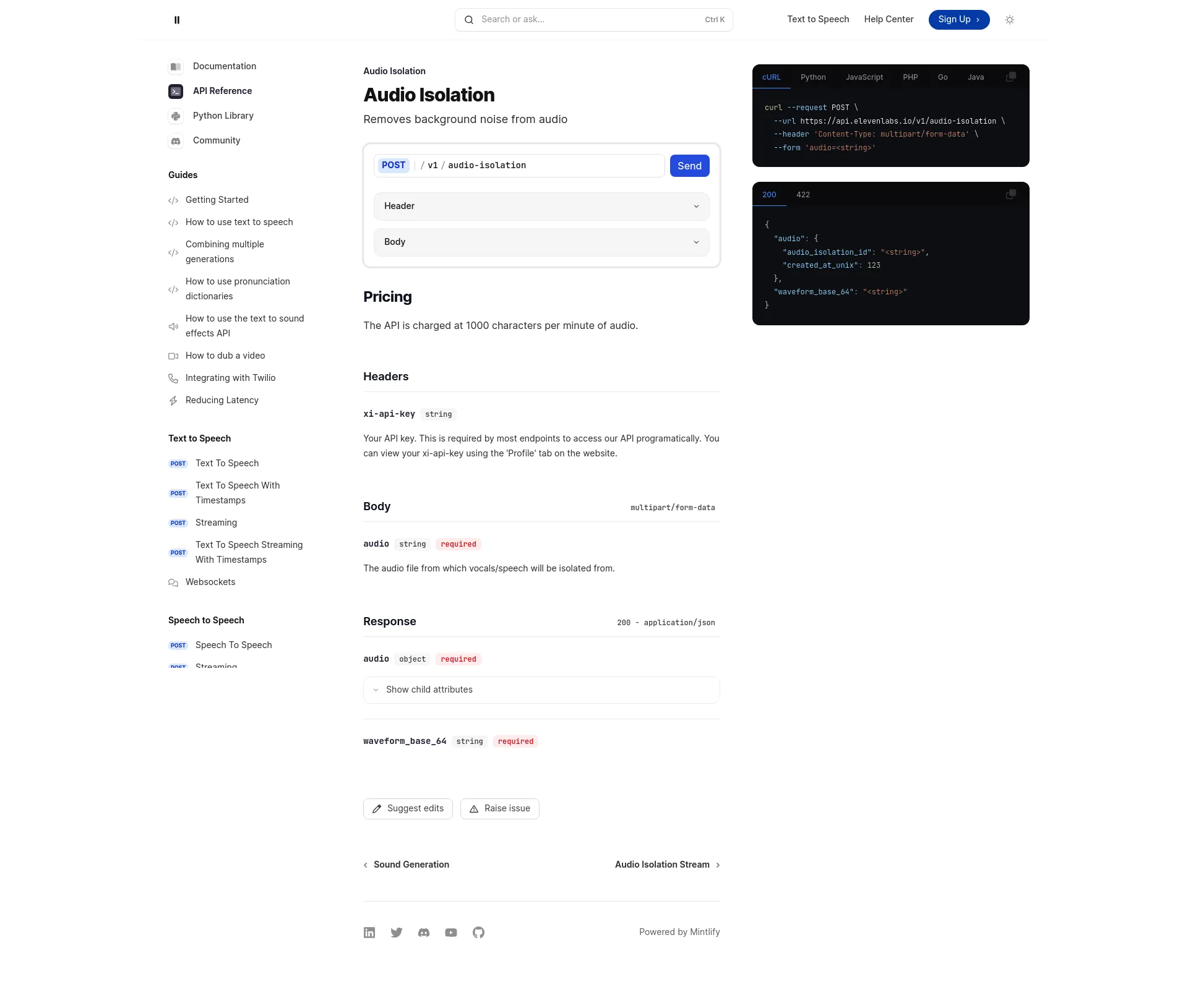 ElevenLabs Audio Isolation API screenshot