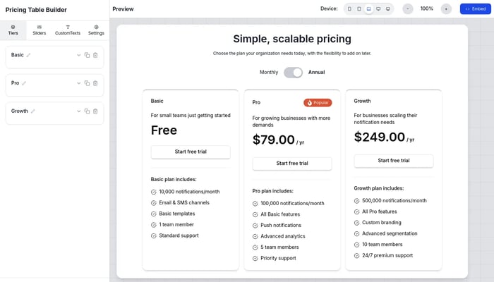 Pricing Table Builder